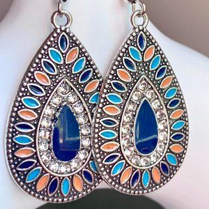 Silver Southwest Boho Orange Blue Enameled Rhinestone Teardrop Dangle Earrings